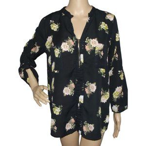 Rue21 Blouse Sz Medium black floral tunic zipper v-neck Pockets roll tab sleeve